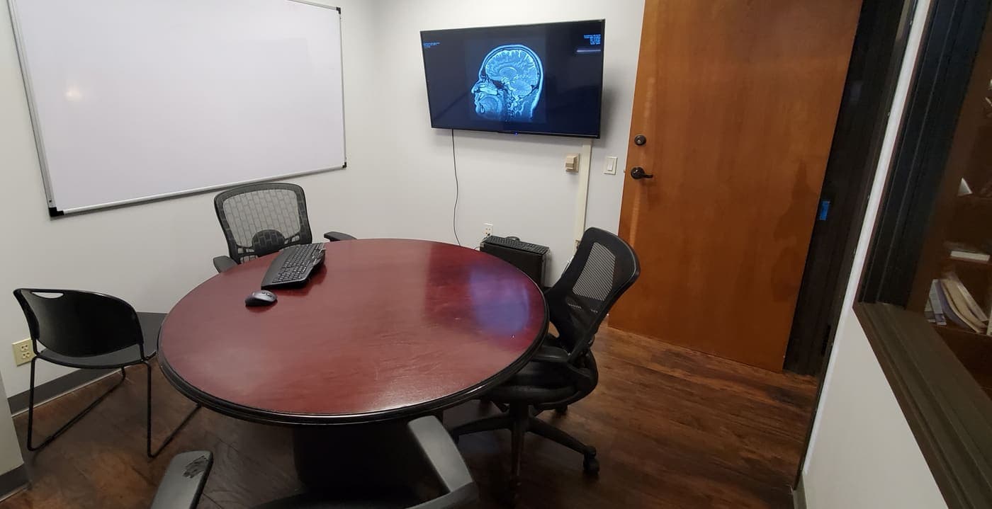 Radiologist reading room at Crown Valley Imaging, with a brain MRI on the display