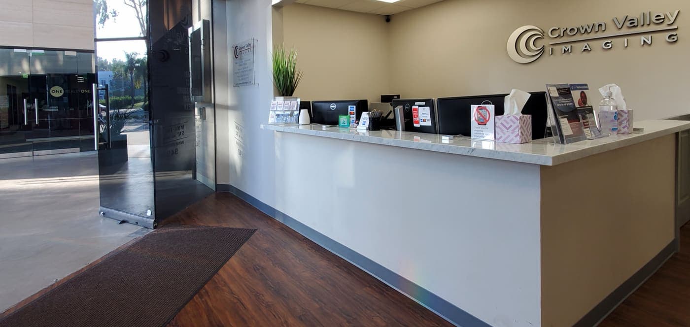 Reception and check-in desk at Crown Valley Imaging, Mission Viejo