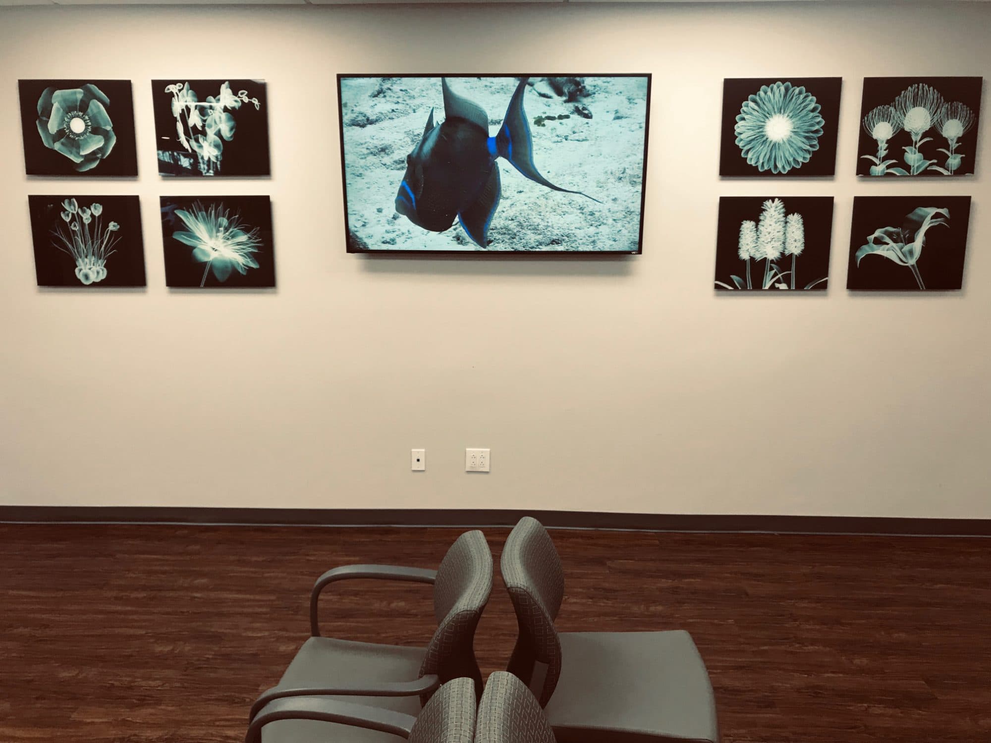Patient waiting area with the practice's radiographic artwork at Crown Valley Imaging